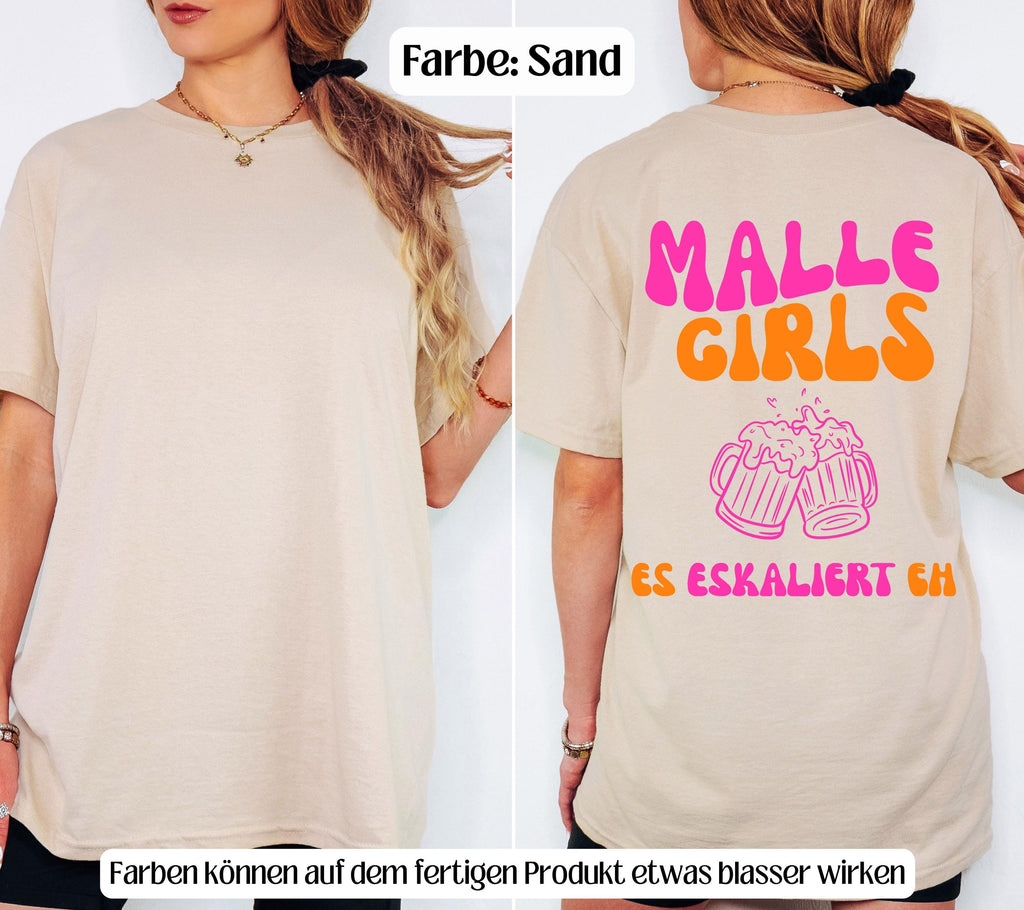Malle Shirts, es eskaliert eh, Backprint, Malle Girls, Malle T Shirt, Mallorca Shirts, Bier Shirt, Sauf T Shirt, Gruppenshirt, lustig, bunt