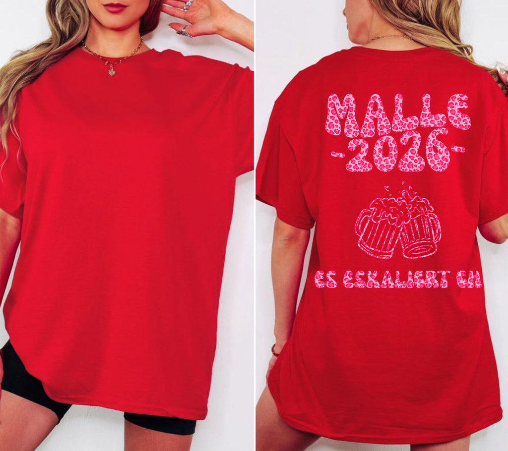 Malle Shirt Leo, es eskaliert eh, Backprint, Malle 2026, Malle T Shirt pink, Mallorca Shirts, Bier Shirt, Sauf T Shirt, Gruppenshirt, lustig