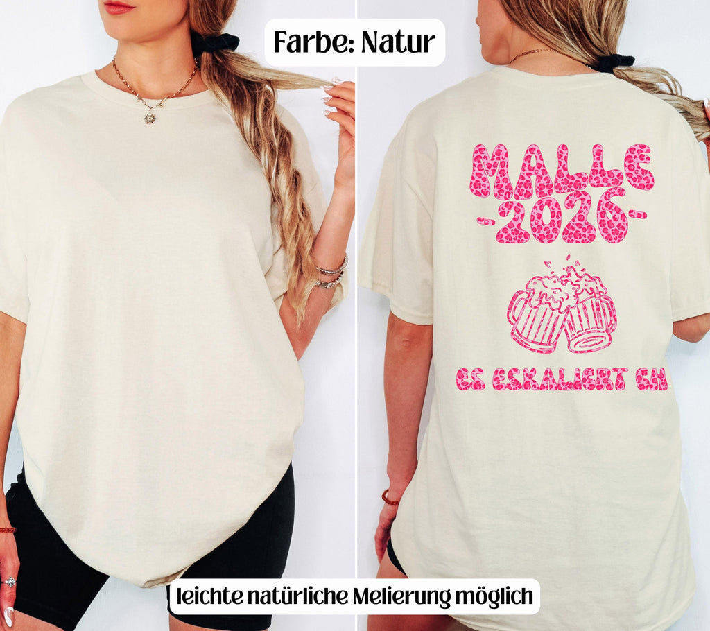 Malle Shirt Leo, es eskaliert eh, Backprint, Malle 2026, Malle T Shirt pink, Mallorca Shirts, Bier Shirt, Sauf T Shirt, Gruppenshirt, lustig