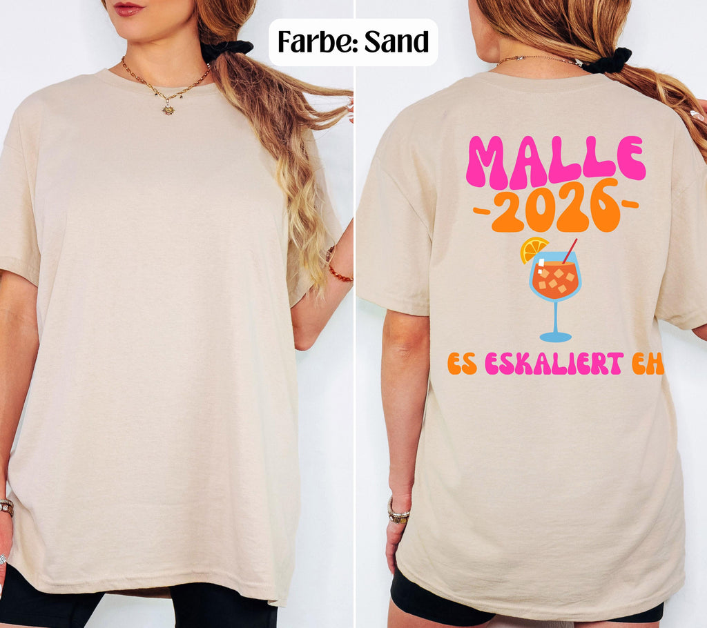 Malle Shirt, es eskaliert eh, Backprint, Malle 2026, Malle T Shirt, personalisiert, Mallorca Shirts, Sekt Shirt, Sauf T Shirt, Gruppenshirt