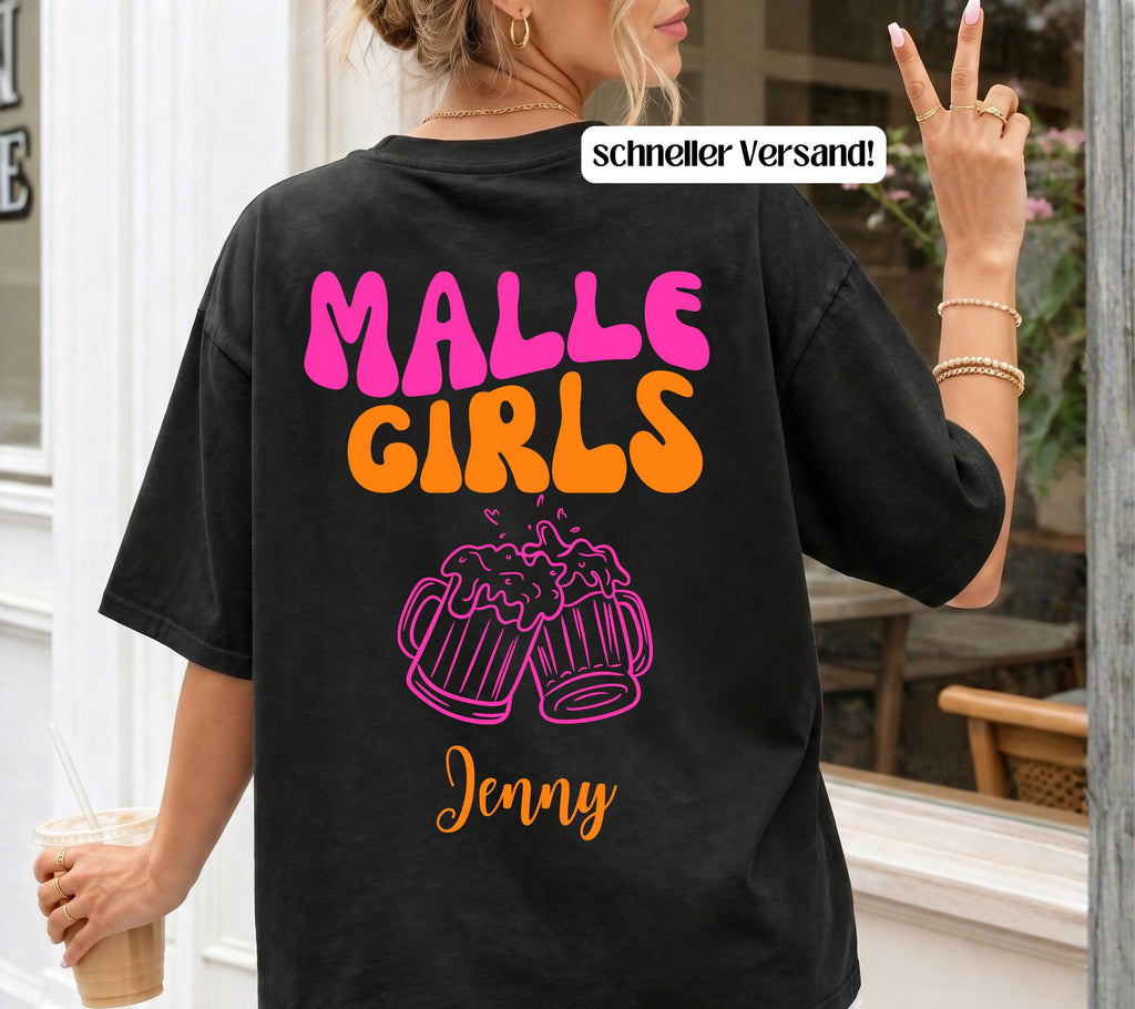 Malle Shirt Damen, Backprint, Malle 2026, Malle Shirts, Malle Girls, personalisiert mit Namen, Mallorca Shirts, Bier Shirt, Gruppenshirt