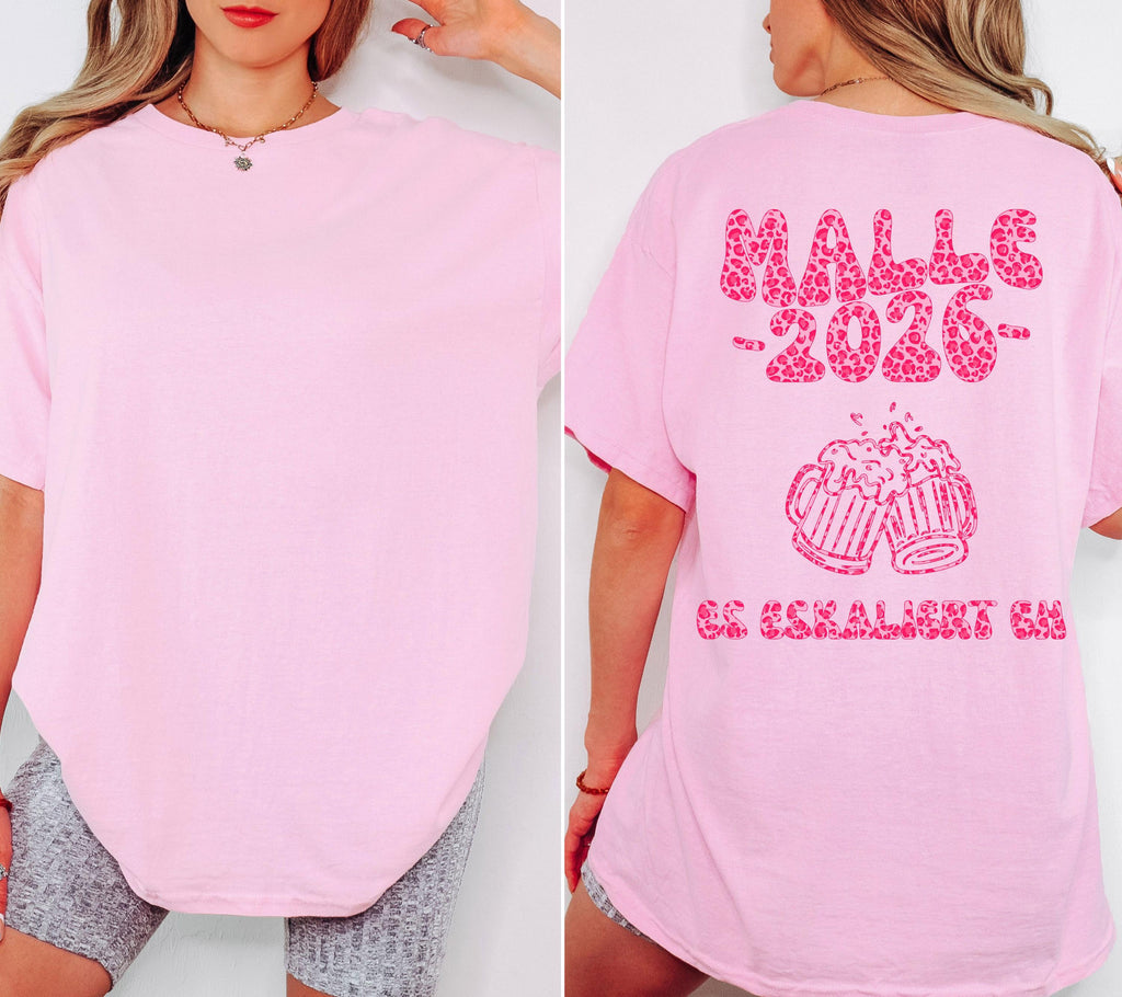 Malle Shirt Leo, es eskaliert eh, Backprint, Malle 2026, Malle T Shirt pink, Mallorca Shirts, Bier Shirt, Sauf T Shirt, Gruppenshirt, lustig