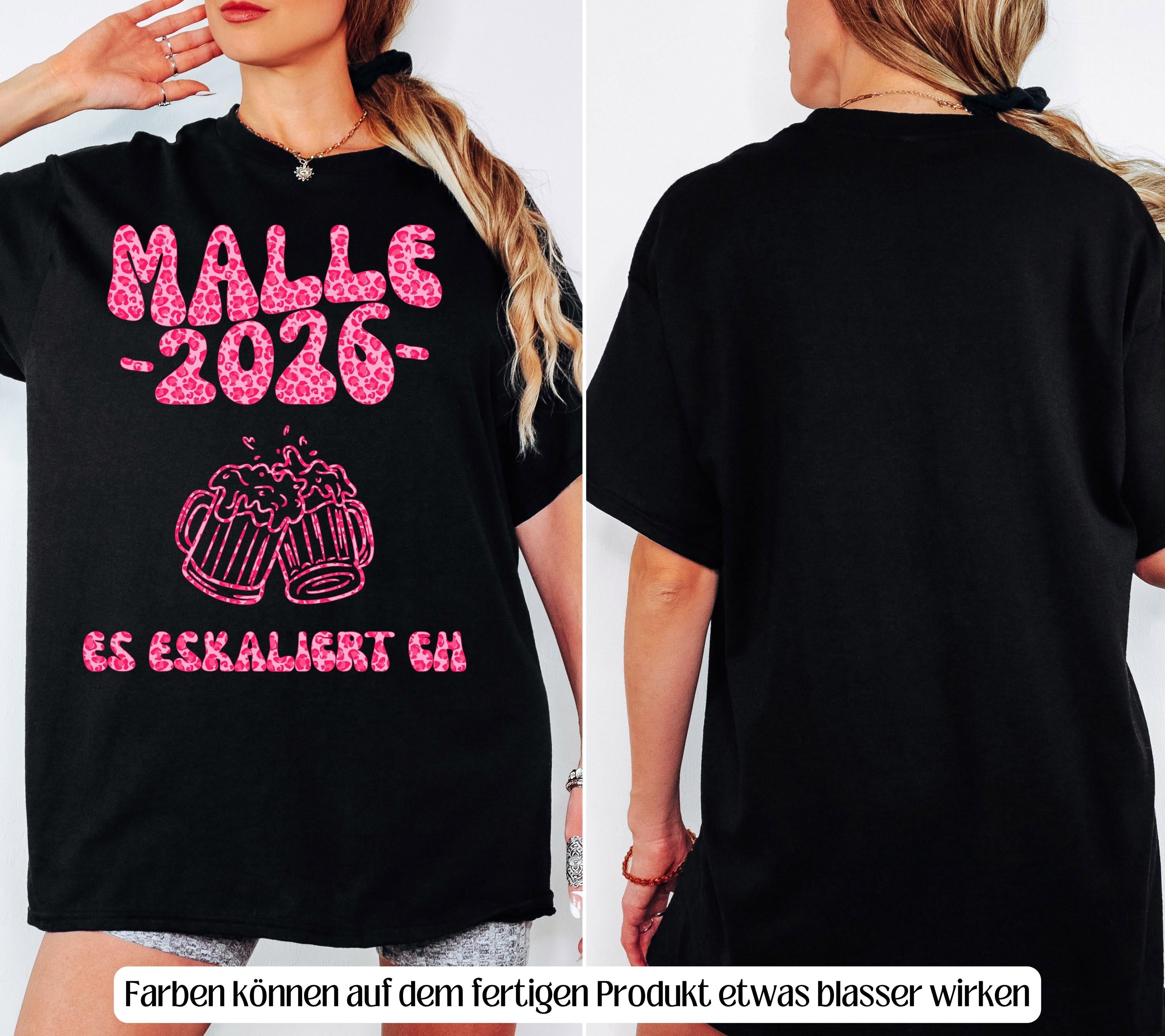 Malle Shirt mit Spruch, es eskaliert eh, Backprint, Malle 2026, Malle T Shirt pink, Mallorca Shirts, Bier Shirt, Gruppenshirt, Leo Muster
