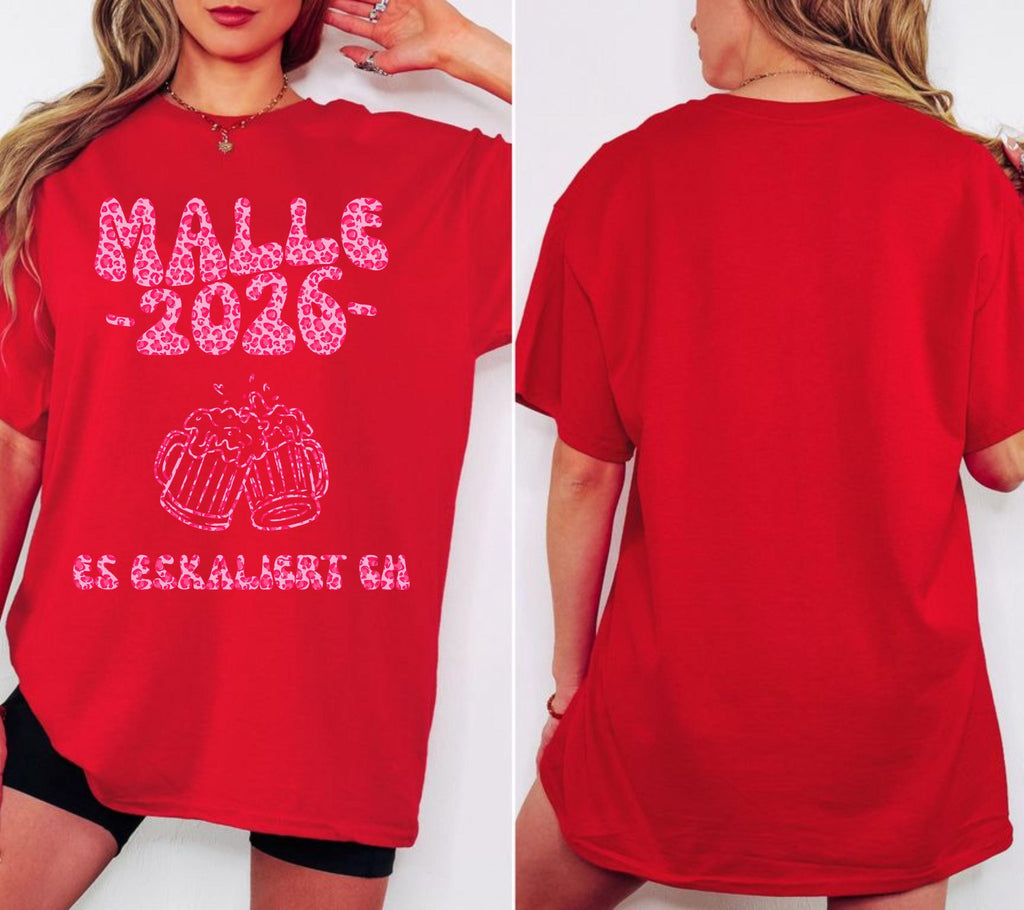 Malle Shirt mit Spruch, es eskaliert eh, Backprint, Malle 2026, Malle T Shirt pink, Mallorca Shirts, Bier Shirt, Gruppenshirt, Leo Muster