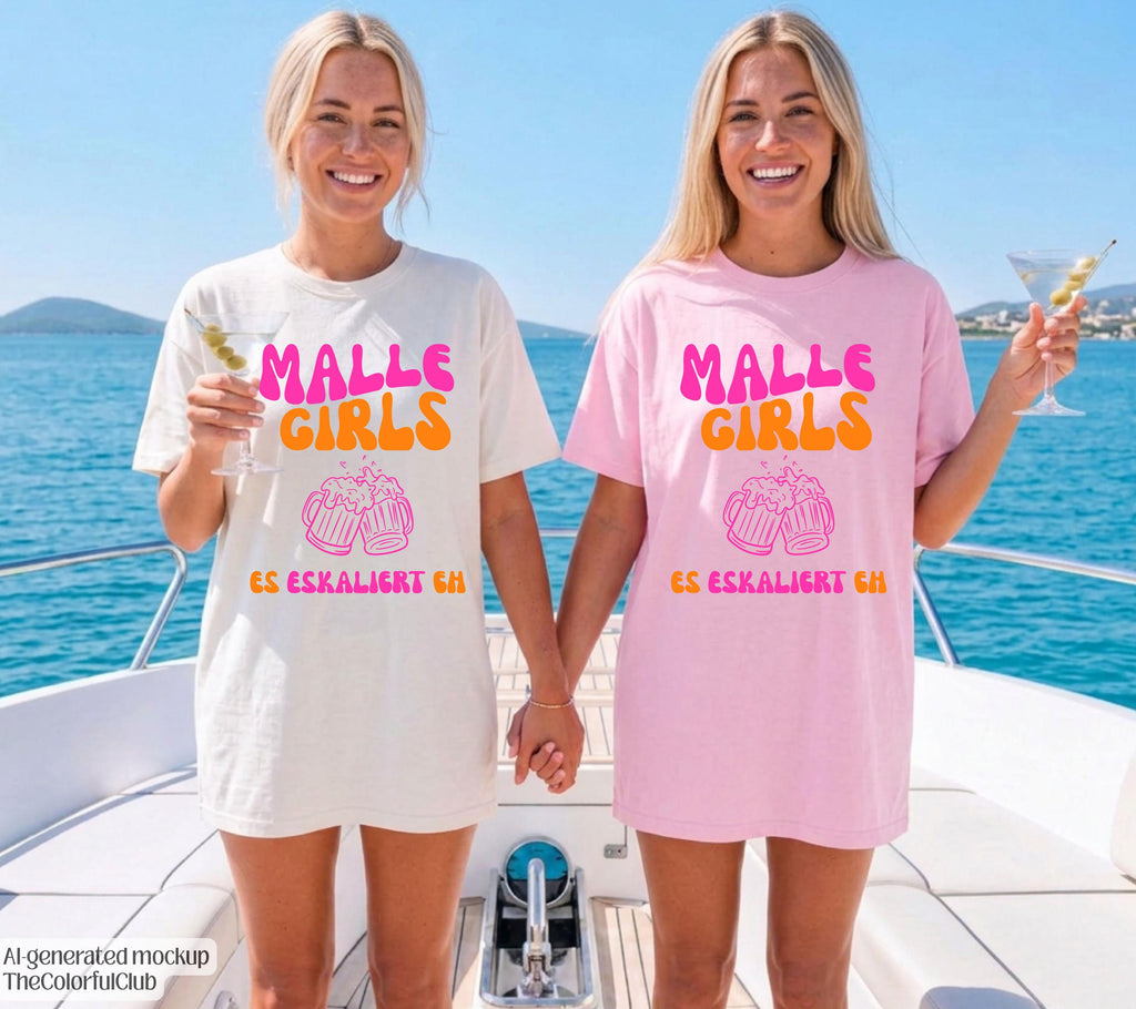 Malle Shirts, es eskaliert eh, Backprint, Girls, Malle T Shirt, Mallorca Shirts, Bier Shirt, Sauf T-Shirt, Gruppenshirt, lustig, bunt