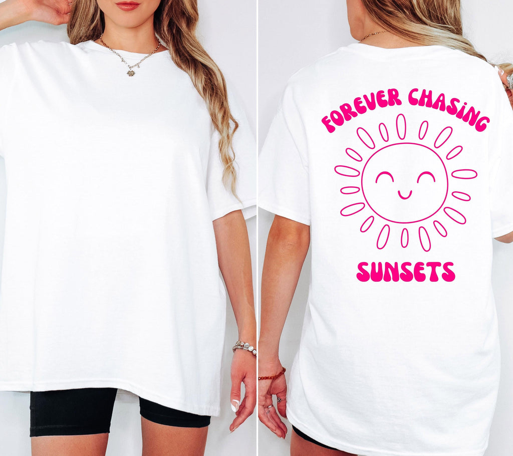 T Shirt Backprint Sonne, Sunset, Statement Shirt, Sommer Oberteil Damen, Geschenkidee Freundin, Mama, Schwester, Muttertag, Strand, pink