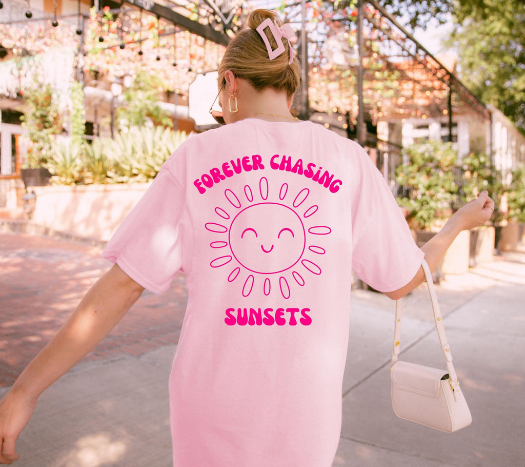 T Shirt Backprint Sonne, Sunset, Statement Shirt, Sommer Oberteil Damen, Geschenkidee Freundin, Mama, Schwester, Muttertag, Strand, pink