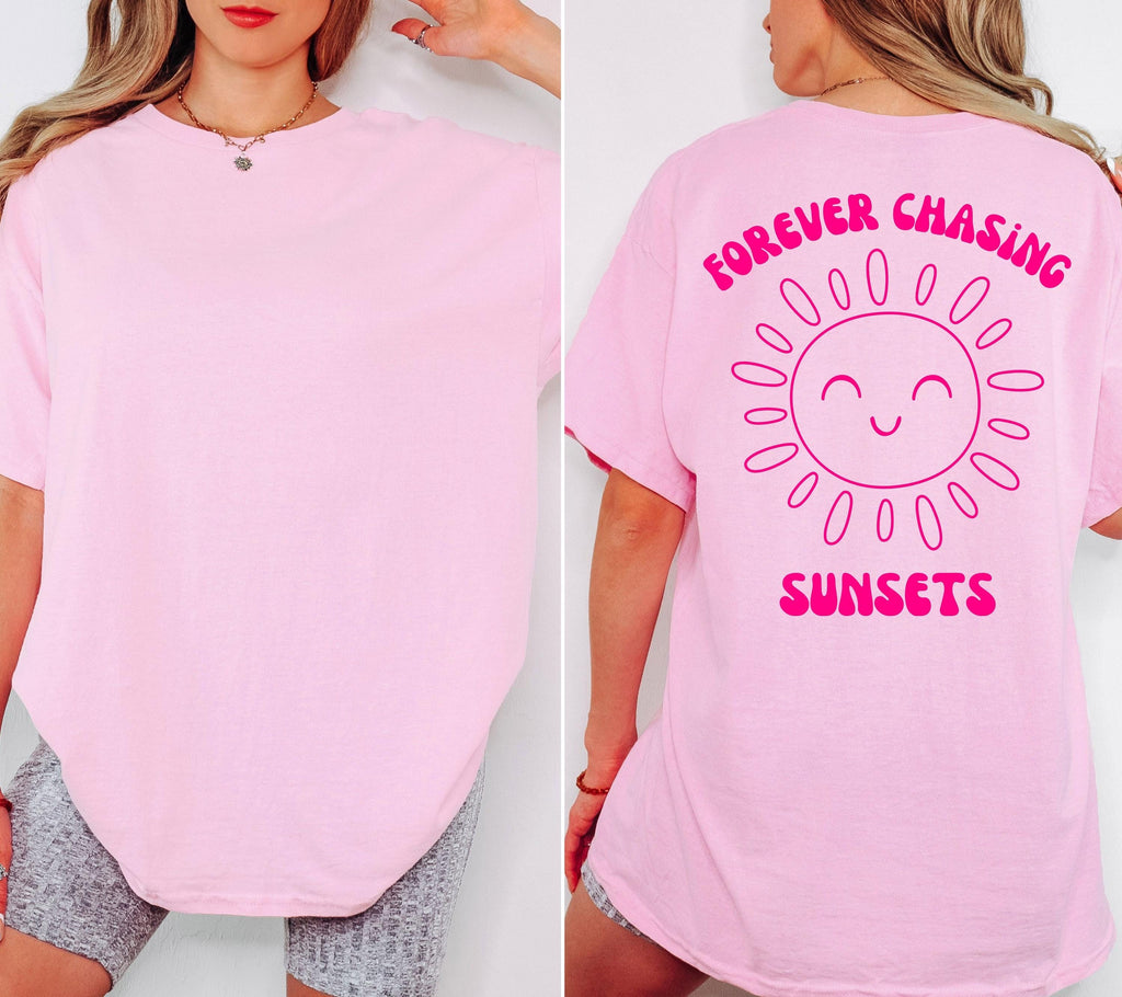 T Shirt Backprint Sonne, Sunset, Statement Shirt, Sommer Oberteil Damen, Geschenkidee Freundin, Mama, Schwester, Muttertag, Strand, pink