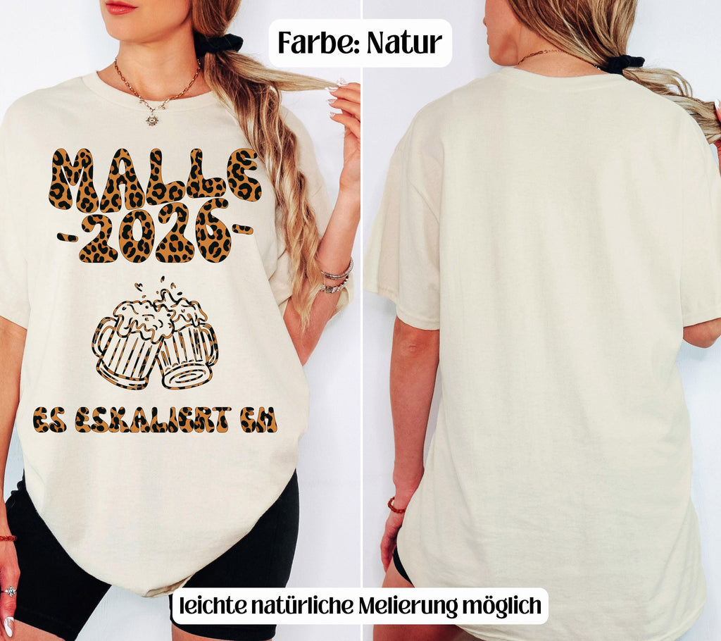 Malle 2026 Shirt Leo, es eskaliert eh, Backprint, lustiges Malle T Shirt, Mallorca Shirts, Bier TShirt, Sauf T-Shirt, Gruppenshirt, Leopard