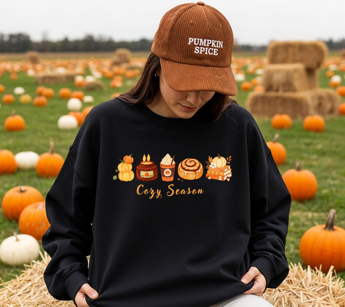 Herbst Pullover, Cozy Season, Damen Mode Herbst, Gemütlicher Pulli, braun, Bücher, Sweatshirt Kürbis, Oversized, Geschenkidee, Cozy, Kerze