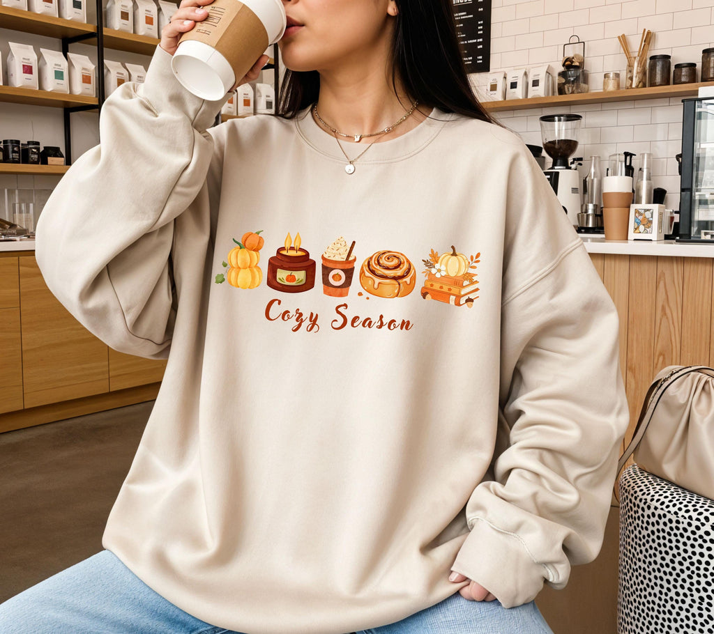 Herbst Pullover, Cozy Season, Damen Mode Herbst, Gemütlicher Pulli, braun, Bücher, Sweatshirt Kürbis, Oversized, Geschenkidee, Cozy, Kerze