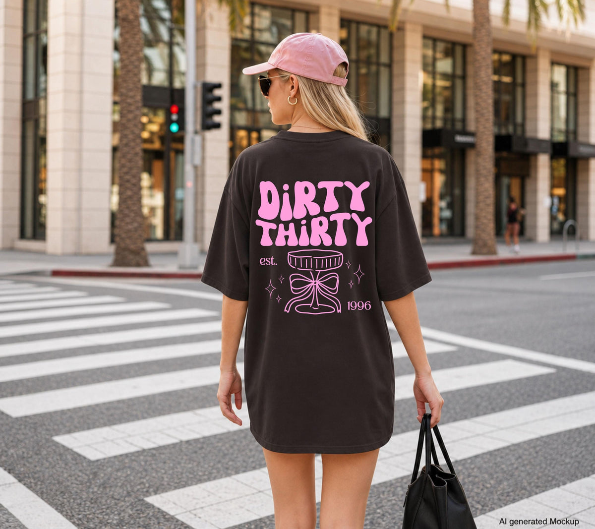 Dirty 30 Geburtstagsshirt für Frauen mit Cocktail Design und Geburtsjahr: Frau trägt ein braunes T-Shirt mit rosa Rückenaufdruck im Dirty 30 Design. Das Motiv zeigt einen Cocktail mit dem Schriftzug „Dirty 30“ sowie ein personalisiertes Geburtsjahr. Perfektes Geburtstagsshirt zum 30. Geburtstag für Frauen, Cocktail-Party, Mädelsabend und Geburtstagsfeier.
