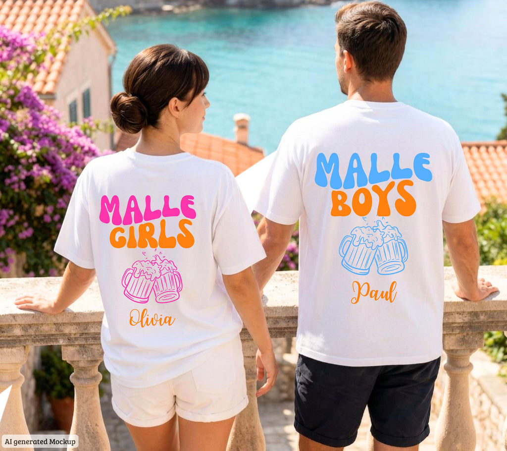 Malle Shirt Damen und Herren, Malle Shirts, Malle Girls & Boys, personalisiert mit Name, Mallorca Shirts, Bier Shirt, Gruppenshirt, Tshirt