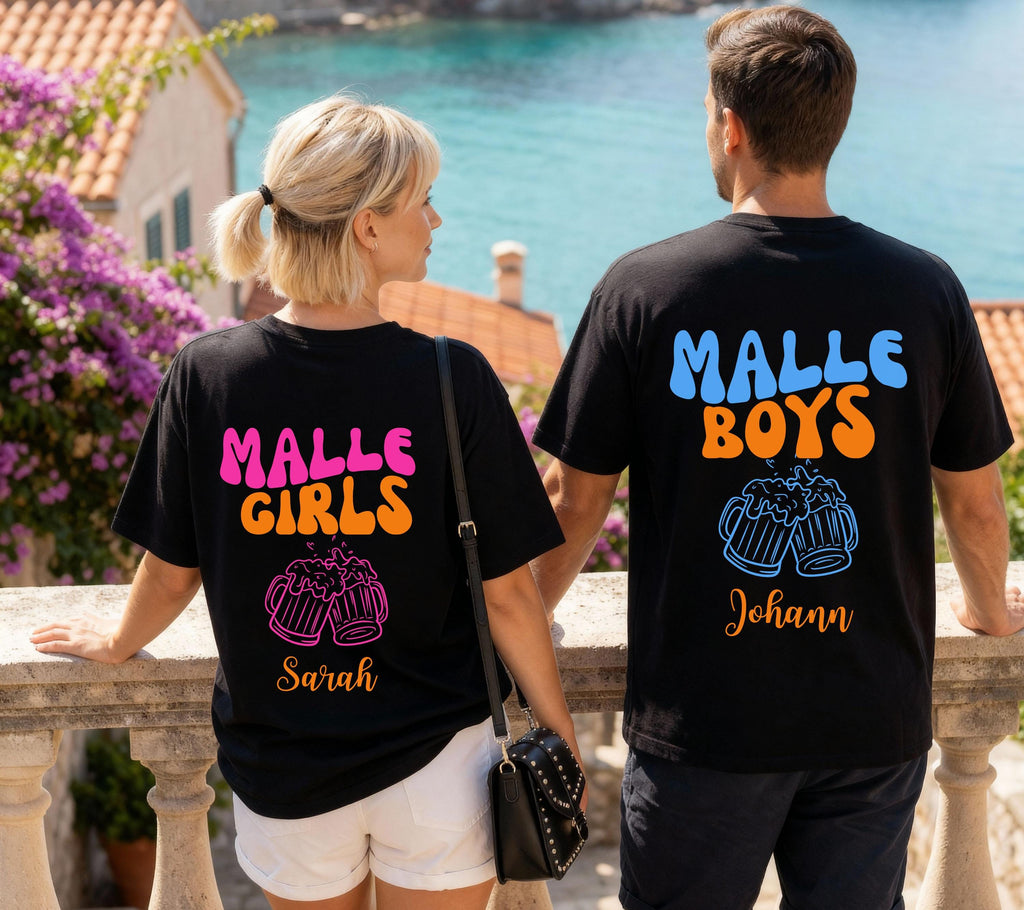Malle Shirt Damen und Herren, Malle Shirts, Malle Girls & Boys, personalisiert mit Name, Mallorca Shirts, Bier Shirt, Gruppenshirt, Tshirt