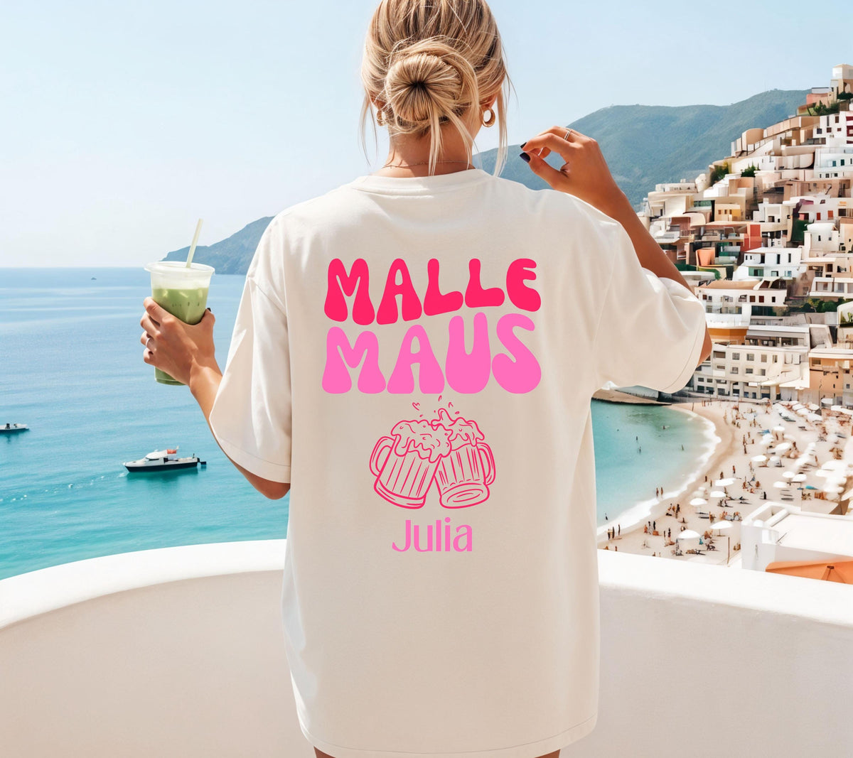 Malle Maus Shirt rosa pink personalisiert mit Namen und Bier Motiv, Malle Shirt, Malle 2027 Shirts, Mallorca T Shirts, Gruppenshirt Damen