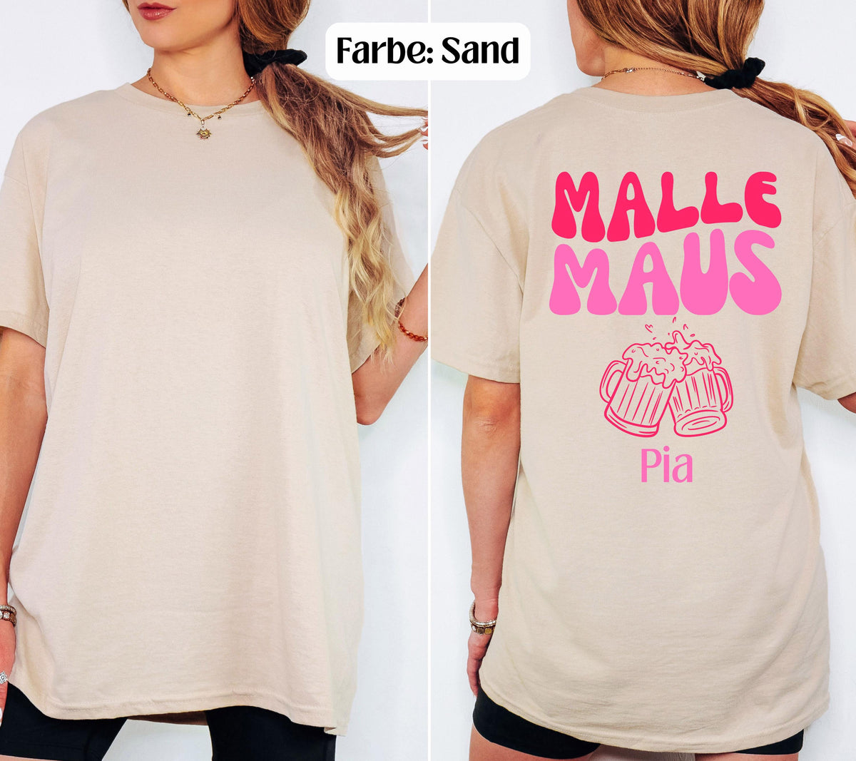 Malle Maus Shirt rosa pink personalisiert mit Namen und Bier Motiv, Malle Shirt, Malle 2027 Shirts, Mallorca T Shirts, Gruppenshirt Damen