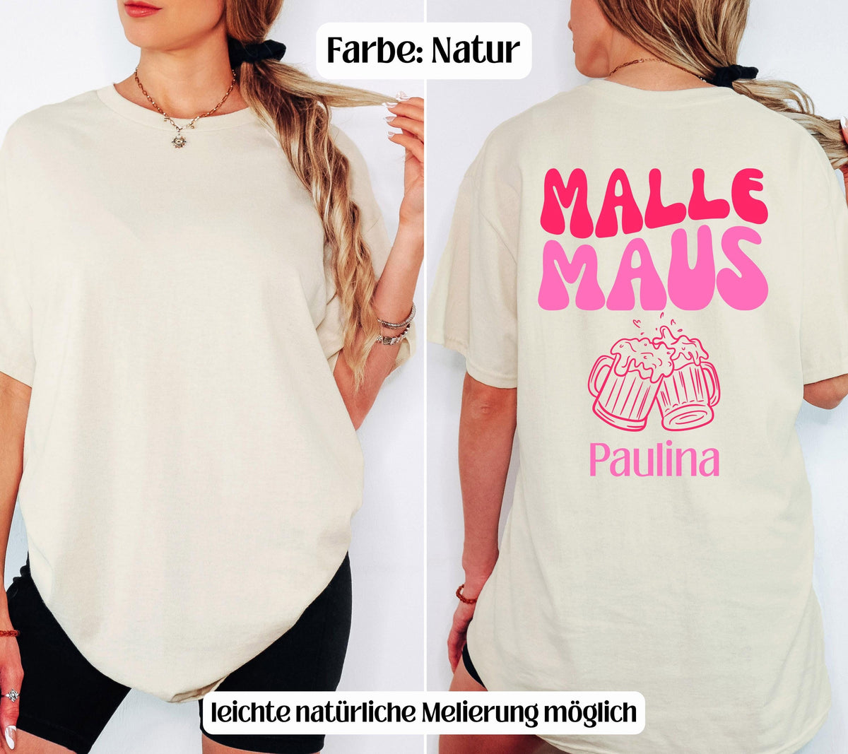 Malle Maus Shirt rosa pink personalisiert mit Namen und Bier Motiv, Malle Shirt, Malle 2027 Shirts, Mallorca T Shirts, Gruppenshirt Damen