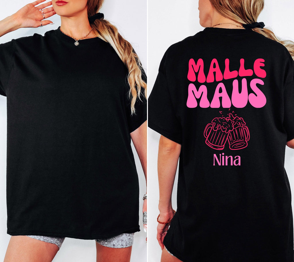 Malle Maus Shirt rosa pink personalisiert mit Namen und Bier Motiv, Malle Shirt, Malle 2027 Shirts, Mallorca T Shirts, Gruppenshirt Damen