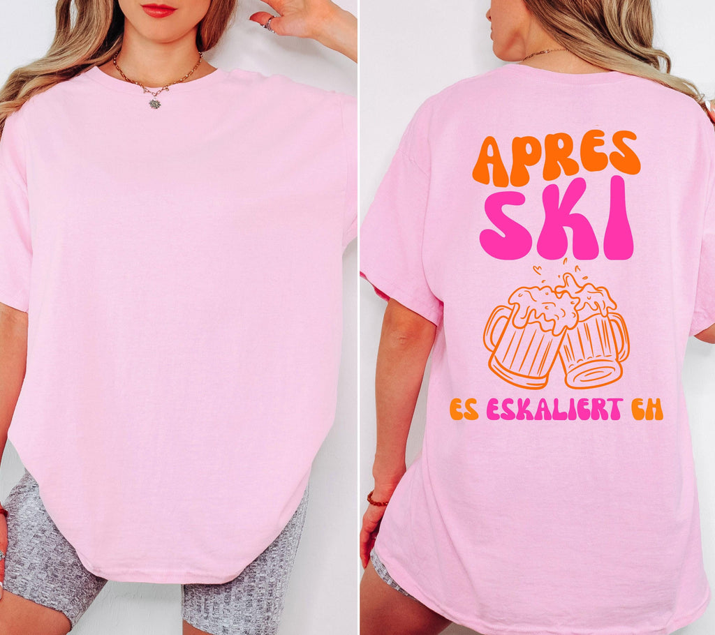 Apres Ski Outfit pink orange | Es eskaliert eh Shirt | Bier Motiv | Geschenk Skiurlaub | lustiges Apres Ski T-Shirt Damen | Après Ski