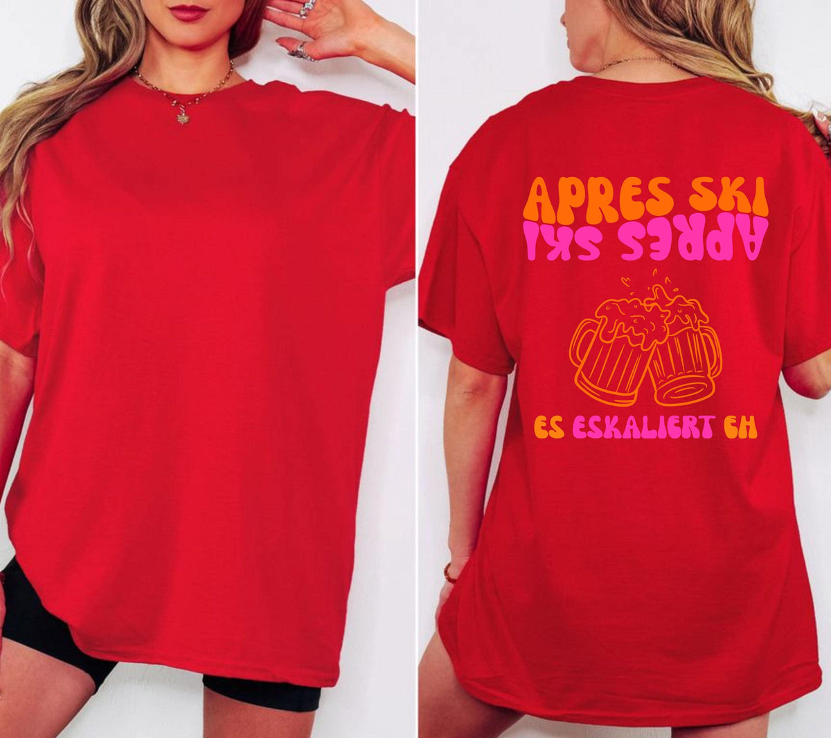 Apres Ski Shirt Damen | Es eskaliert eh T-Shirt | Apres Ski Outfit Pink Orange | Bier Motiv | Skifahrer Geschenk | Lustiges Après Ski Shirt