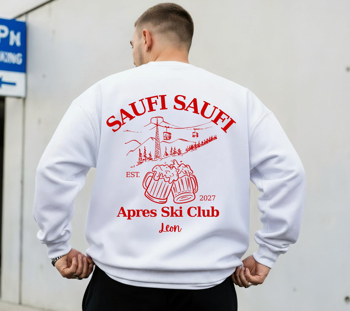 Apres Ski Pullover personalisiert mit Namen & Jahr | Saufi Saufi Apres Ski Club | Bier Motiv | Skiurlaub Geschenk Gruppe | Après Ski Outfit