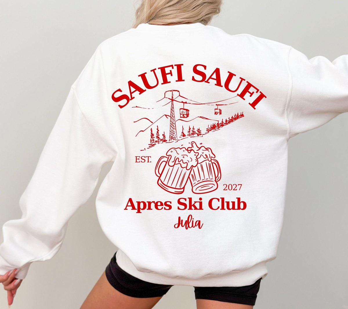 Apres Ski Pullover personalisiert mit Namen & Jahr | Saufi Saufi Apres Ski Club | Bier Motiv | Skiurlaub Geschenk Gruppe | Après Ski Outfit