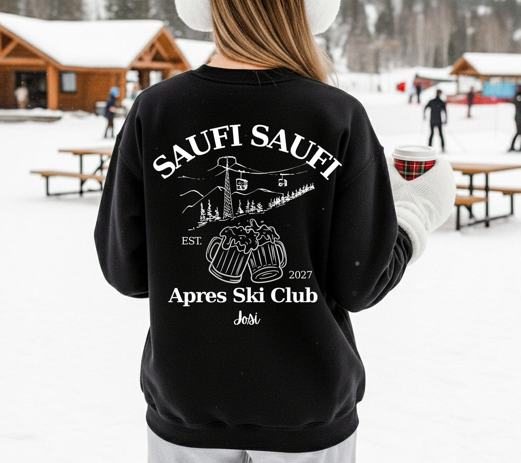 Apres Ski Pullover personalisiert mit Namen & Jahr | Saufi Saufi Apres Ski Club | Bier Motiv | Skiurlaub Geschenk Gruppe | Après Ski Outfit