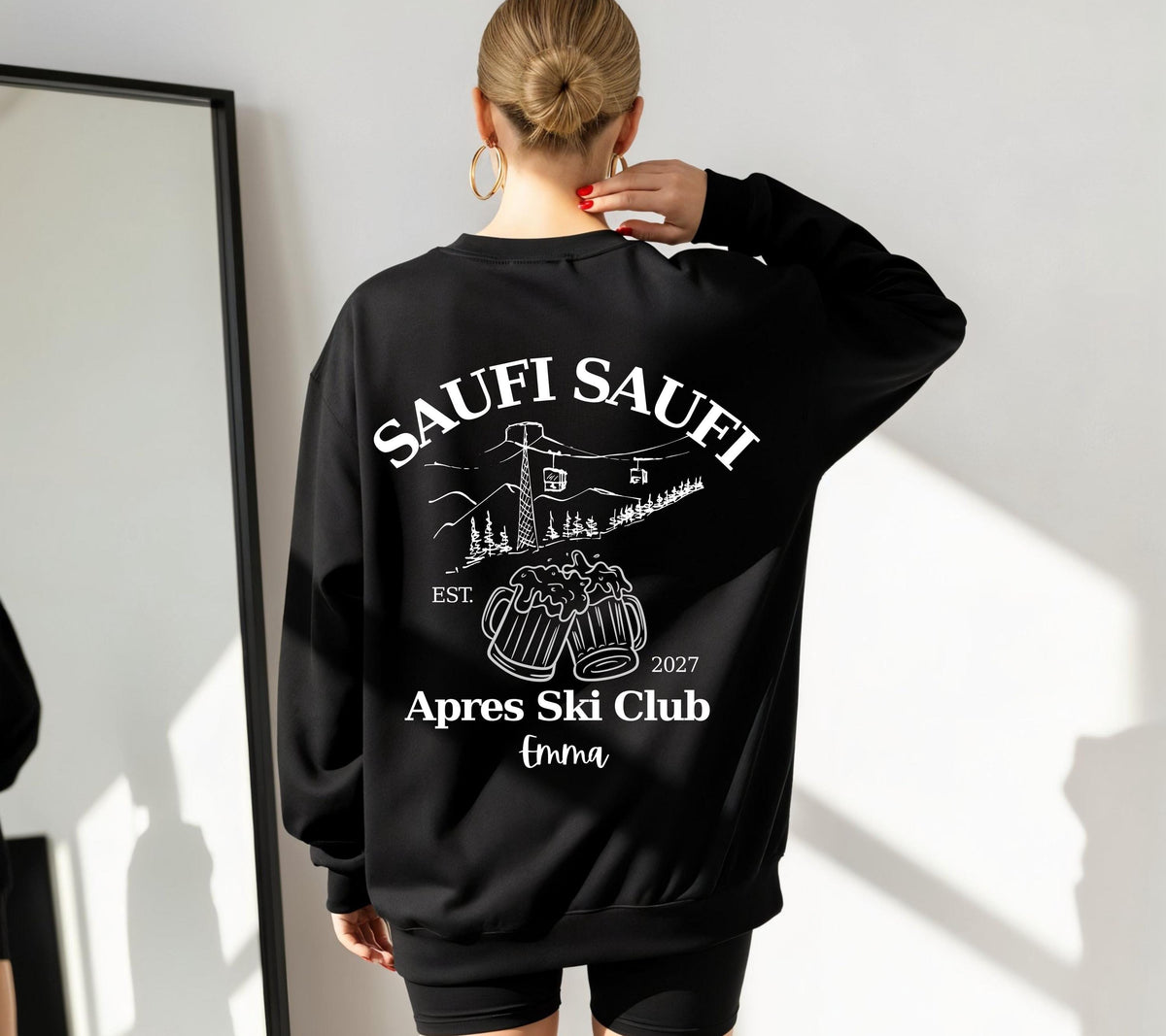 Apres Ski Pullover personalisiert mit Namen & Jahr | Saufi Saufi Apres Ski Club | Bier Motiv | Skiurlaub Geschenk Gruppe | Après Ski Outfit