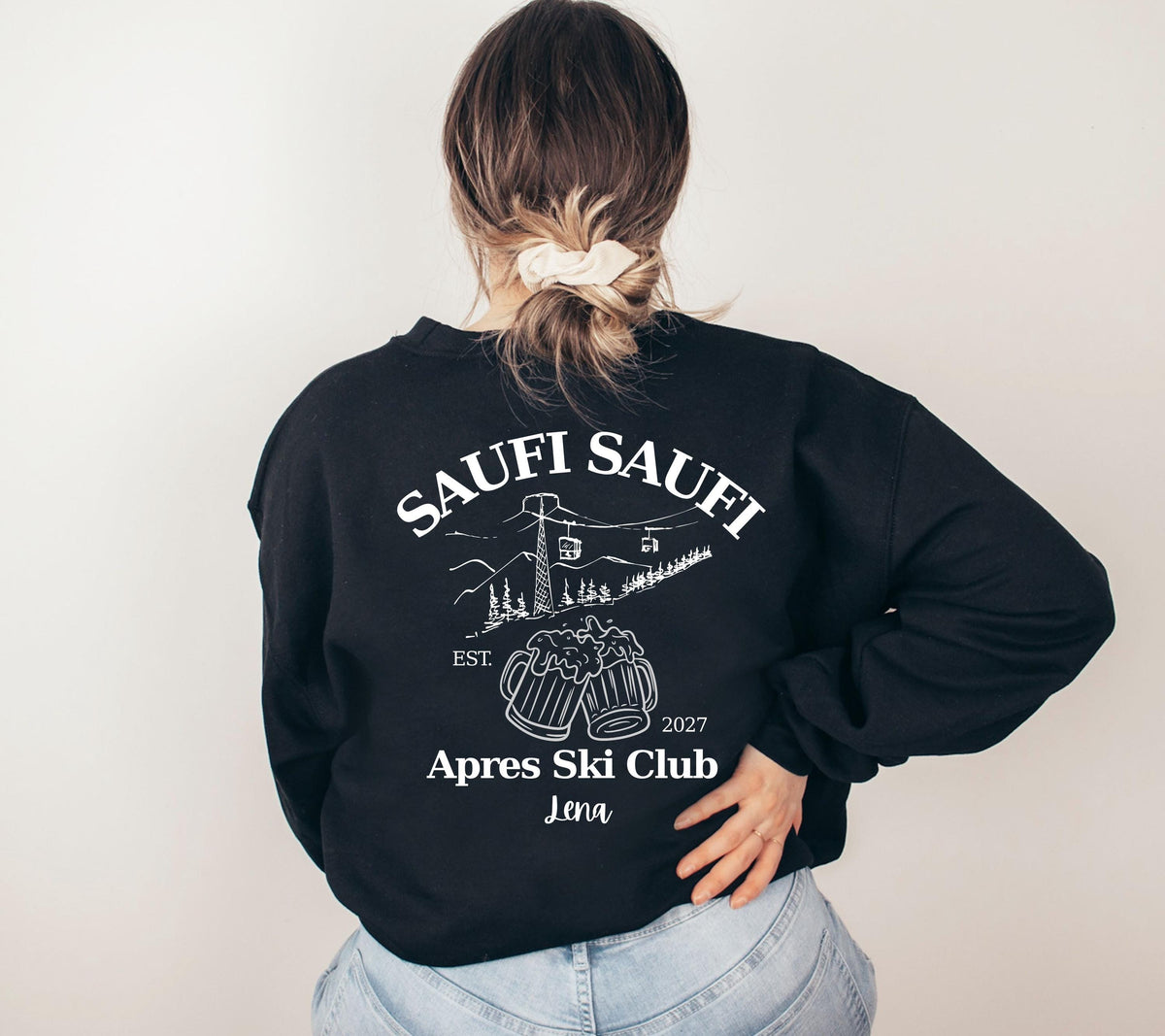 Apres Ski Pullover personalisiert mit Namen & Jahr | Saufi Saufi Apres Ski Club | Bier Motiv | Skiurlaub Geschenk Gruppe | Après Ski Outfit
