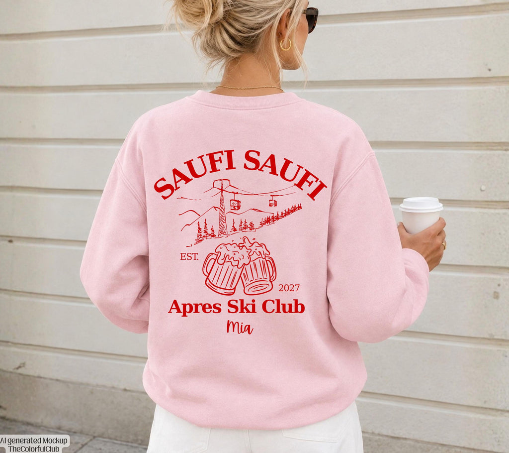 Apres Ski Pullover personalisiert mit Namen & Jahr | Saufi Saufi Apres Ski Club | Bier Motiv | Skiurlaub Geschenk Gruppe | Après Ski Outfit