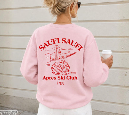 Apres Ski Pullover personalisiert mit Namen & Jahr | Saufi Saufi Apres Ski Club | Bier Motiv | Skiurlaub Geschenk Gruppe | Après Ski Outfit