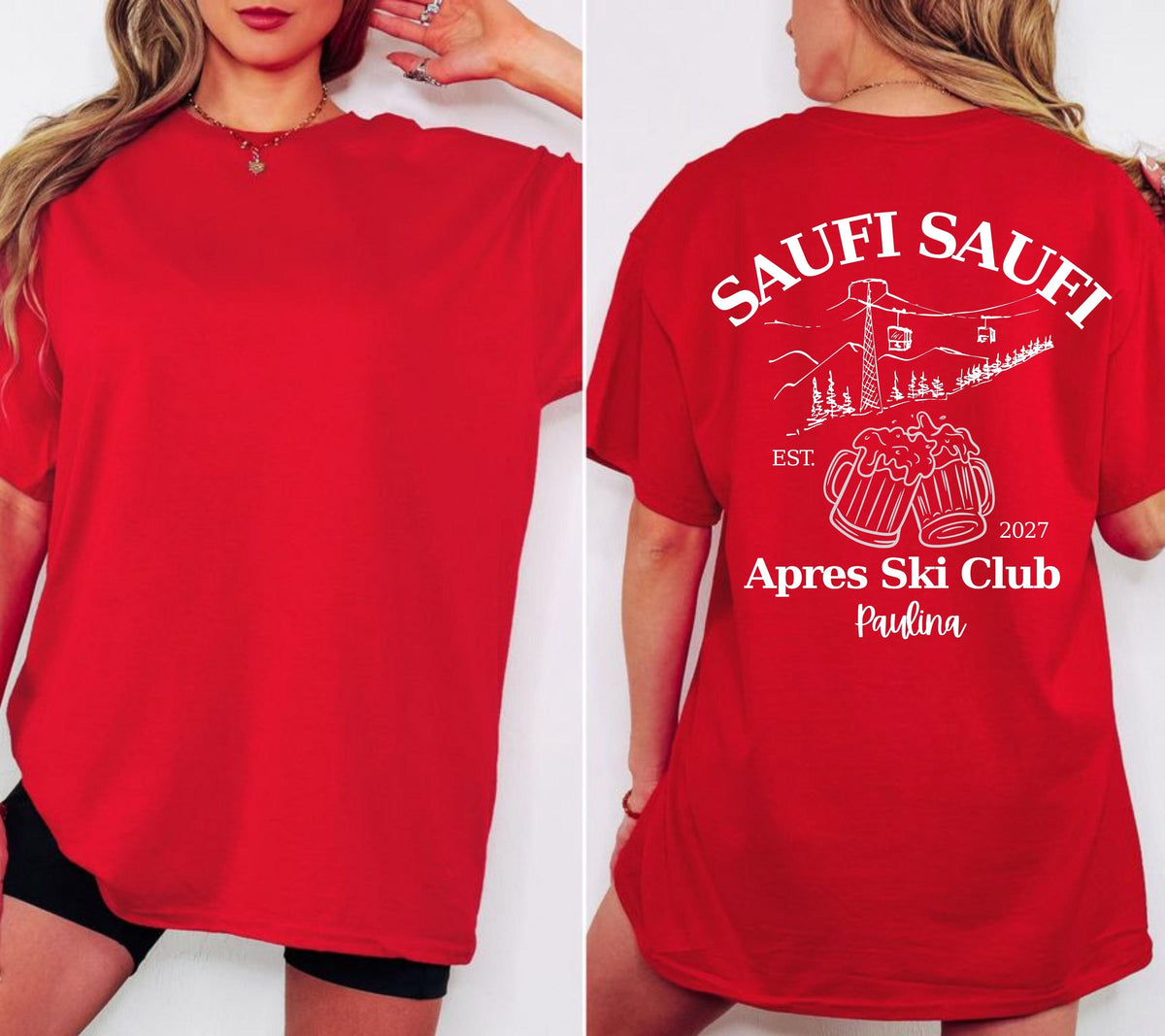 Apres Ski T Shirt mit Namen, Après Ski Outfit Damen, Lustiges Ski Shirt Herren, Saufi Saufi, Gruppenshirt Skiurlaub, Bier Shirt, Apres Ski