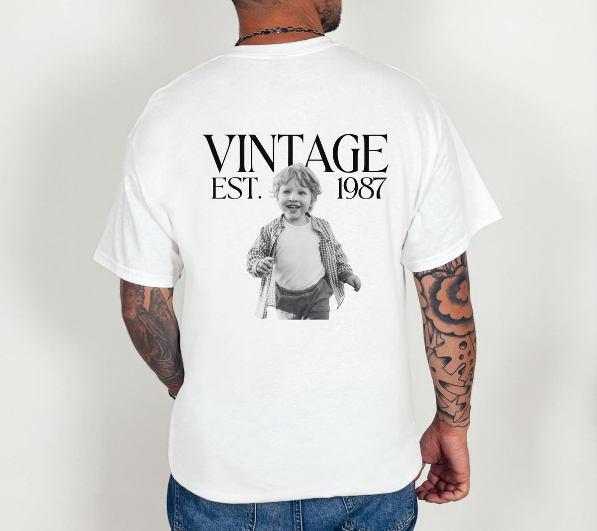 Vintage Foto Shirt Mann, Geburtstagsshirt personalisiert mit Kinderfoto, Vintage Est. Wunschjahr, Geschenk 30 40 50 Geburtstag Männer