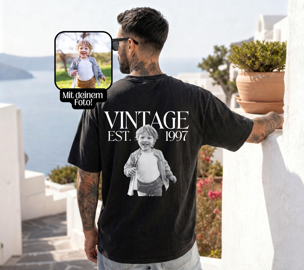Vintage Foto Shirt Mann, Geburtstagsshirt personalisiert mit Kinderfoto, Vintage Est. Wunschjahr, Geschenk 30 40 50 Geburtstag Männer