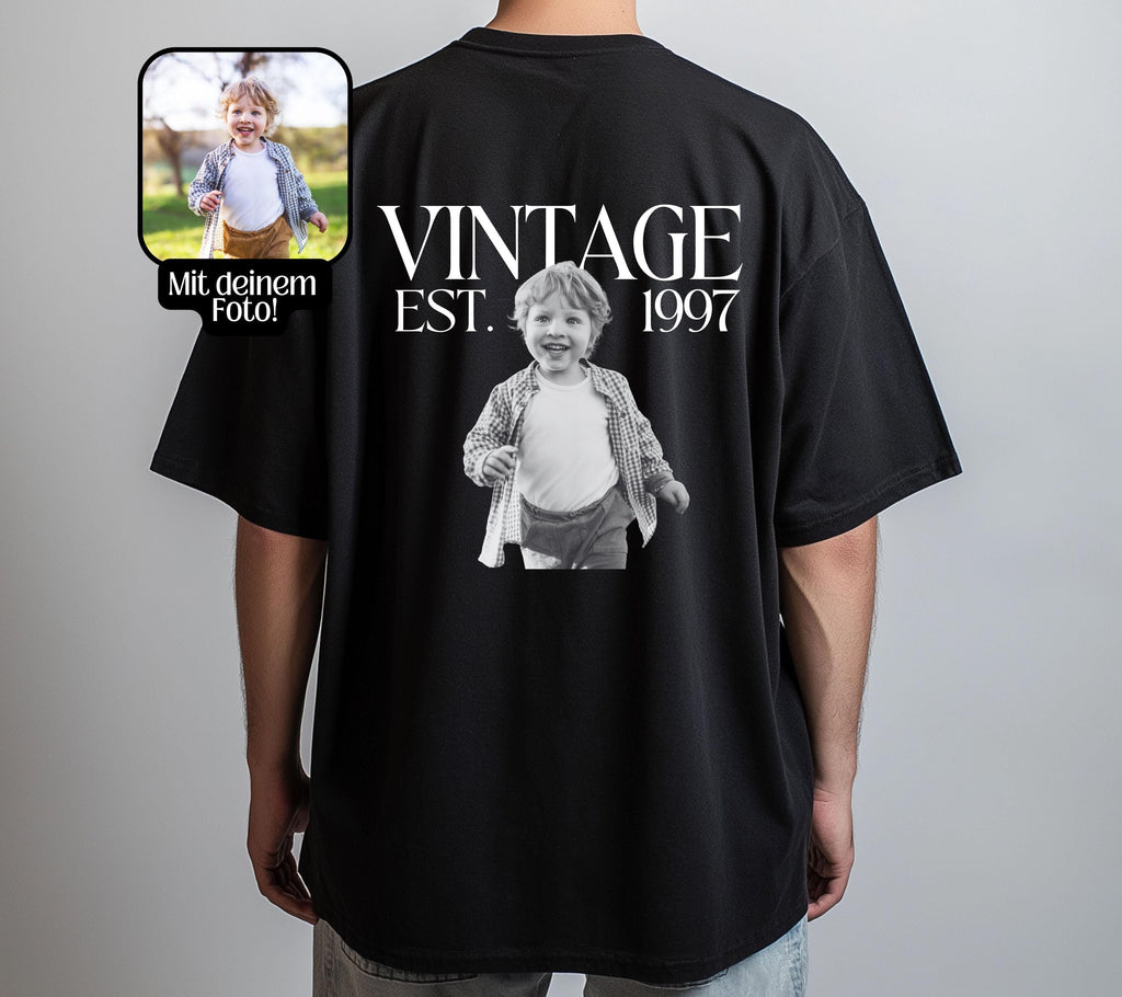 Vintage Foto Shirt Mann, Geburtstagsshirt personalisiert mit Kinderfoto, Vintage Est. Wunschjahr, Geschenk 30 40 50 Geburtstag Männer