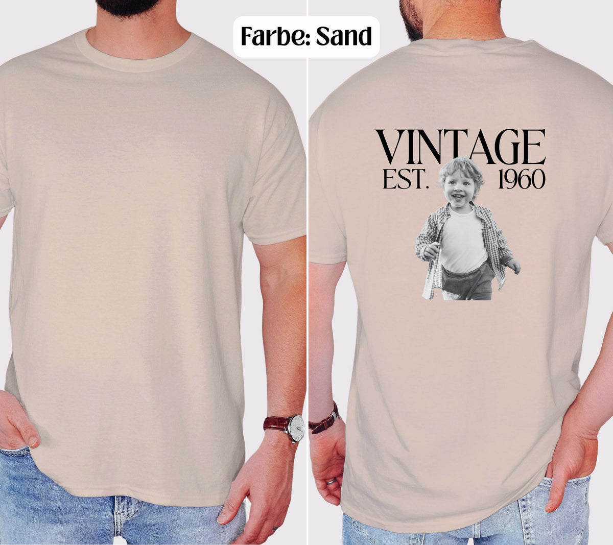 Vintage Foto Shirt Mann, Geburtstagsshirt personalisiert mit Kinderfoto, Vintage Est. Wunschjahr, Geschenk 30 40 50 Geburtstag Männer