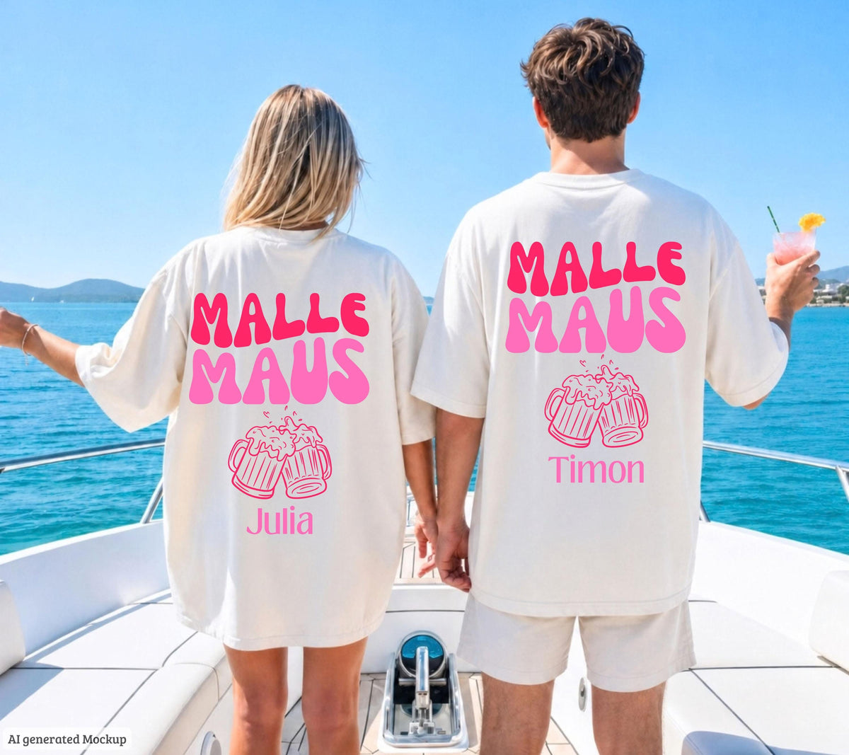 Malle Maus Shirt rosa pink personalisiert mit Namen und Bier Motiv, Malle Shirt, Malle 2027 Shirts, Mallorca T Shirts, Gruppenshirt Damen