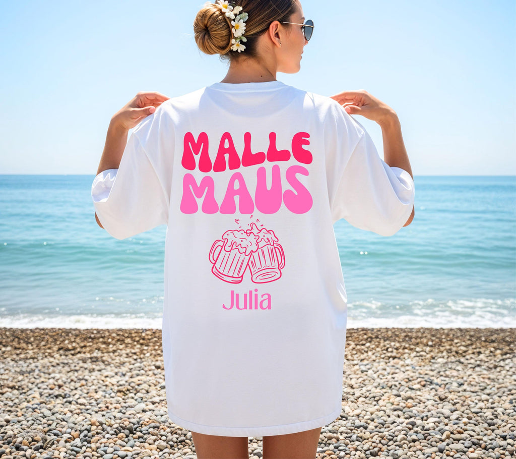 Malle Maus Shirt rosa pink personalisiert mit Namen und Bier Motiv, Malle Shirt, Malle 2027 Shirts, Mallorca T Shirts, Gruppenshirt Damen