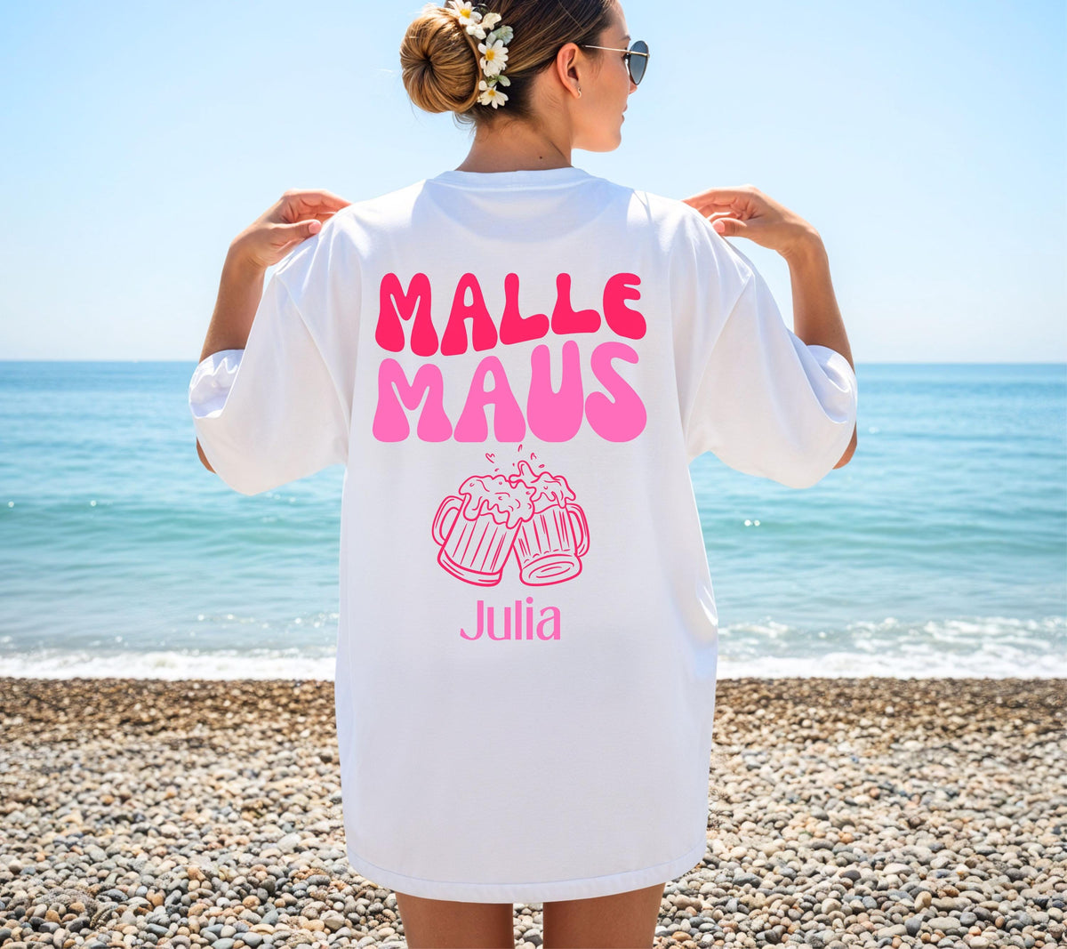 Malle Maus Shirt rosa pink personalisiert mit Namen und Bier Motiv, Malle Shirt, Malle 2027 Shirts, Mallorca T Shirts, Gruppenshirt Damen