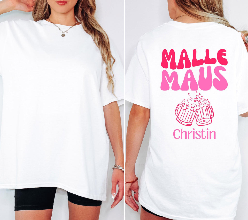 Malle Maus Shirt rosa pink personalisiert mit Namen und Bier Motiv, Malle Shirt, Malle 2027 Shirts, Mallorca T Shirts, Gruppenshirt Damen