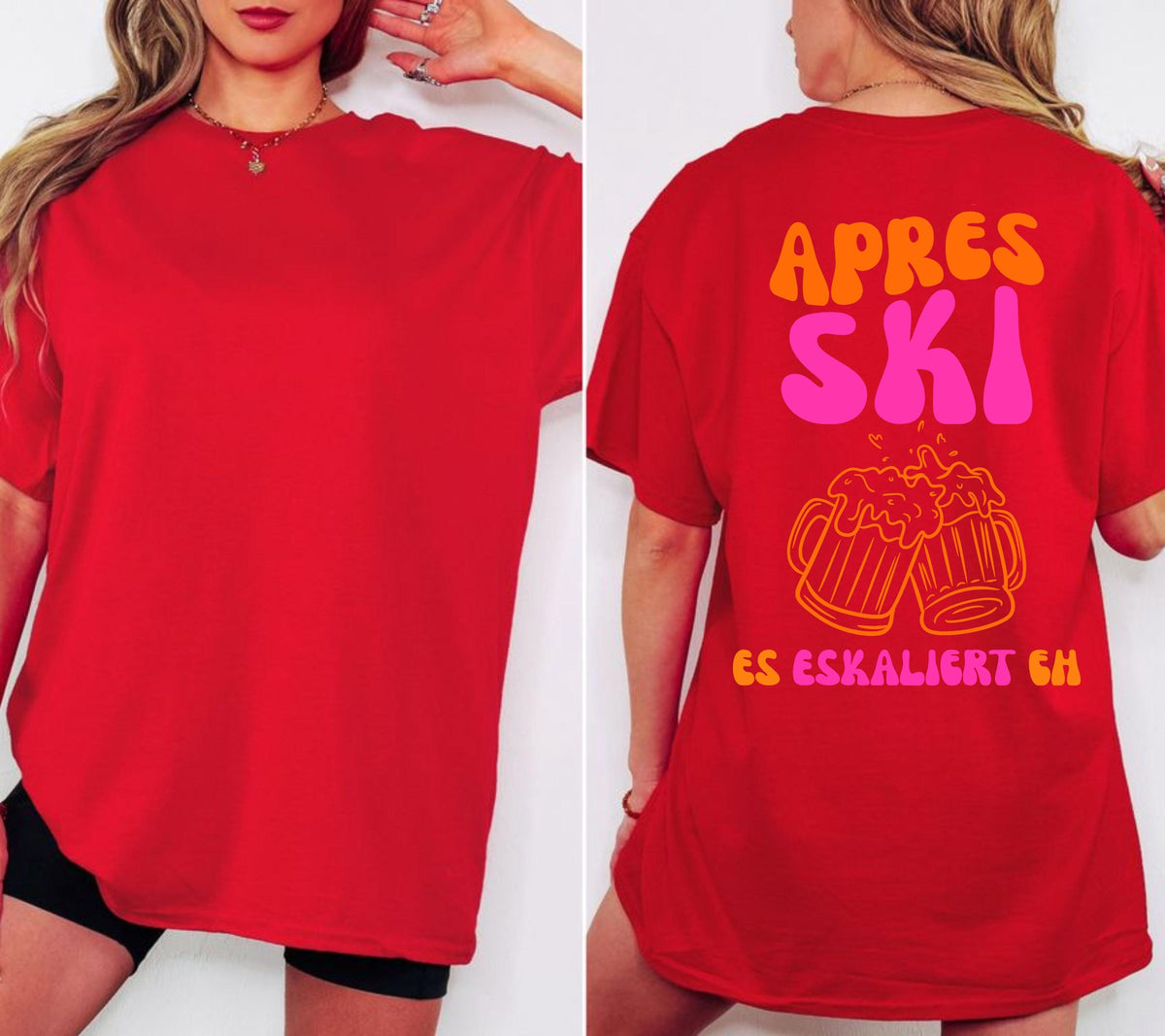 Apres Ski Outfit pink orange | Es eskaliert eh Shirt | Bier Motiv | Geschenk Skiurlaub | lustiges Apres Ski T-Shirt Damen | Après Ski