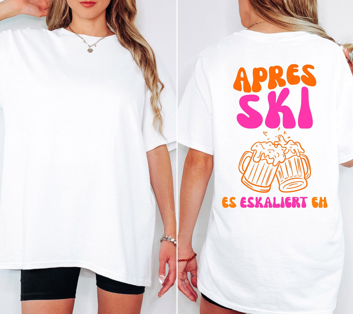 Apres Ski Outfit pink orange | Es eskaliert eh Shirt | Bier Motiv | Geschenk Skiurlaub | lustiges Apres Ski T-Shirt Damen | Après Ski