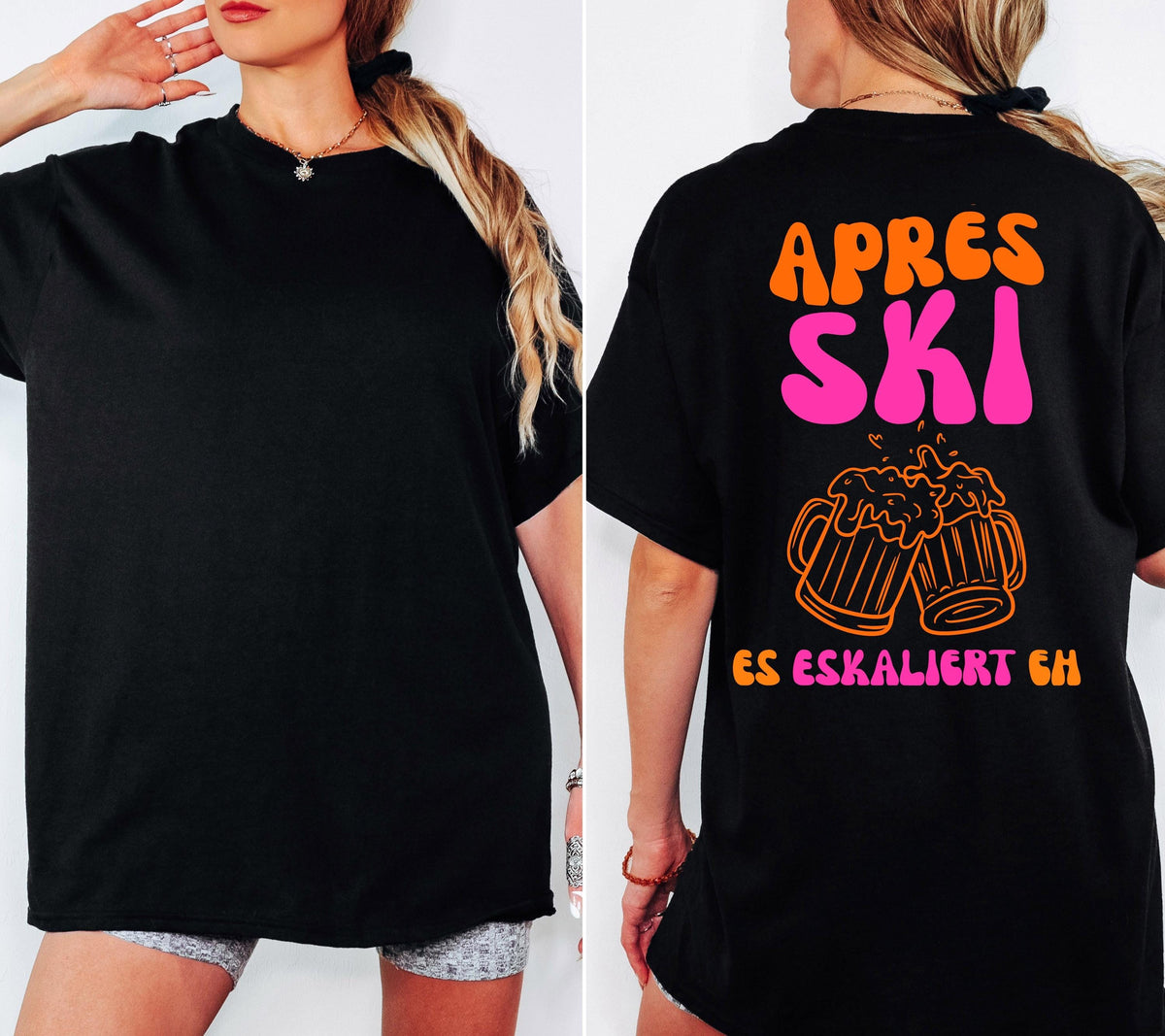 Apres Ski Outfit pink orange | Es eskaliert eh Shirt | Bier Motiv | Geschenk Skiurlaub | lustiges Apres Ski T-Shirt Damen | Après Ski