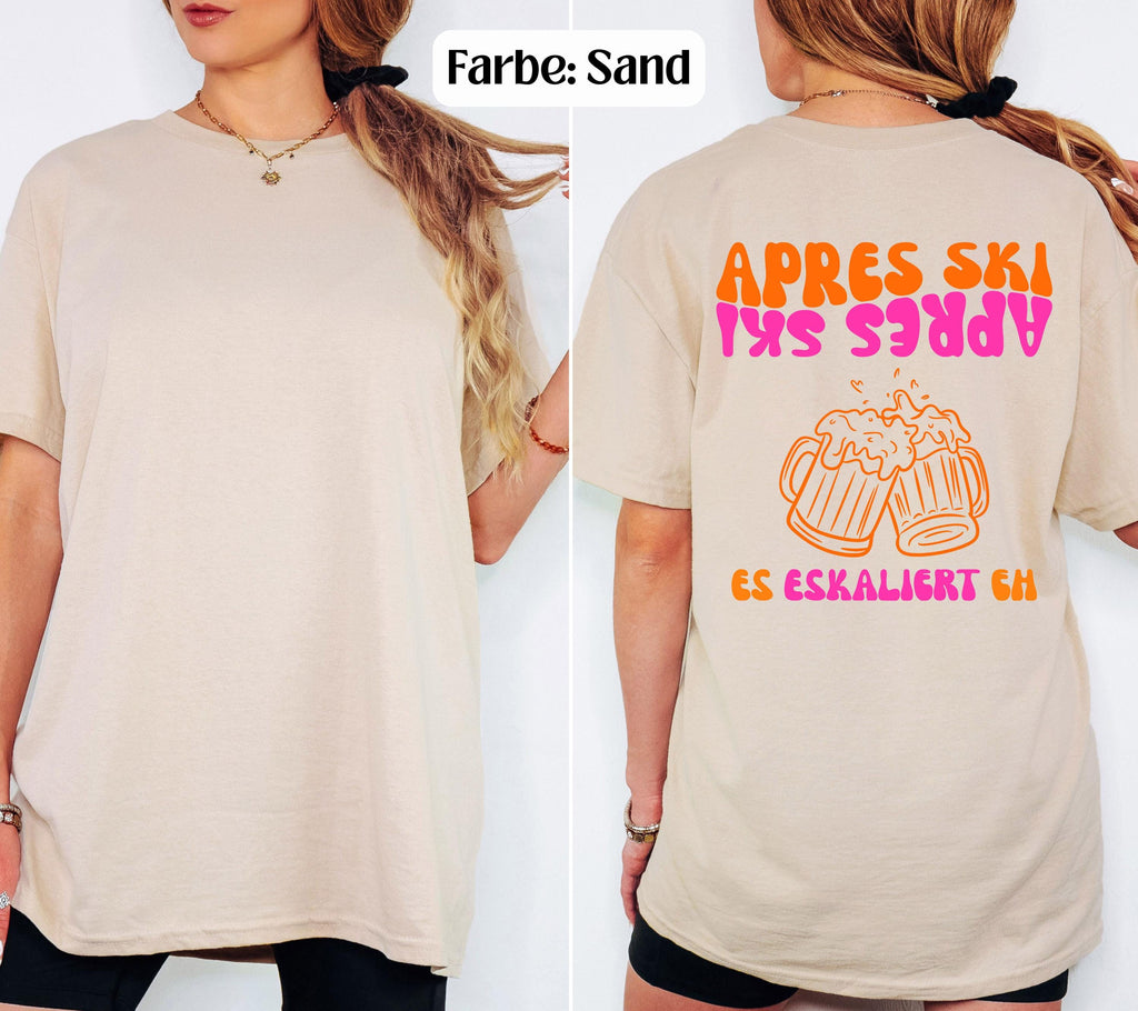 Apres Ski Shirt Damen | Es eskaliert eh T-Shirt | Apres Ski Outfit Pink Orange | Bier Motiv | Skifahrer Geschenk | Lustiges Après Ski Shirt