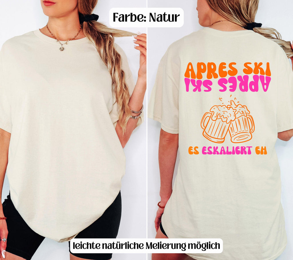 Apres Ski Shirt Damen | Es eskaliert eh T-Shirt | Apres Ski Outfit Pink Orange | Bier Motiv | Skifahrer Geschenk | Lustiges Après Ski Shirt