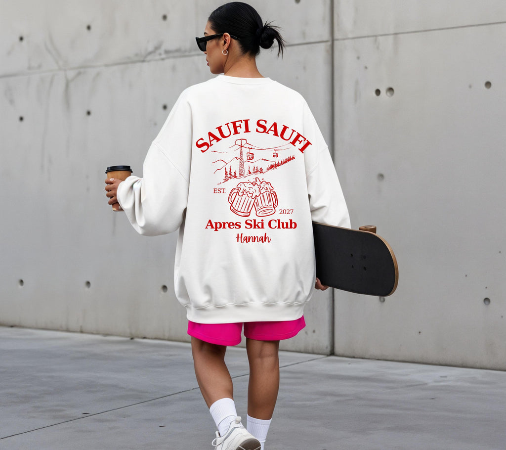 Apres Ski Pullover personalisiert mit Namen & Jahr | Saufi Saufi Apres Ski Club | Bier Motiv | Skiurlaub Geschenk Gruppe | Après Ski Outfit