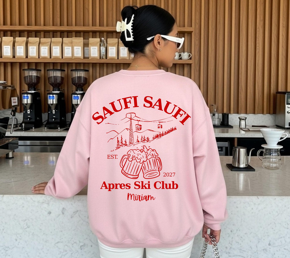Apres Ski Pullover personalisiert mit Namen & Jahr | Saufi Saufi Apres Ski Club | Bier Motiv | Skiurlaub Geschenk Gruppe | Après Ski Outfit