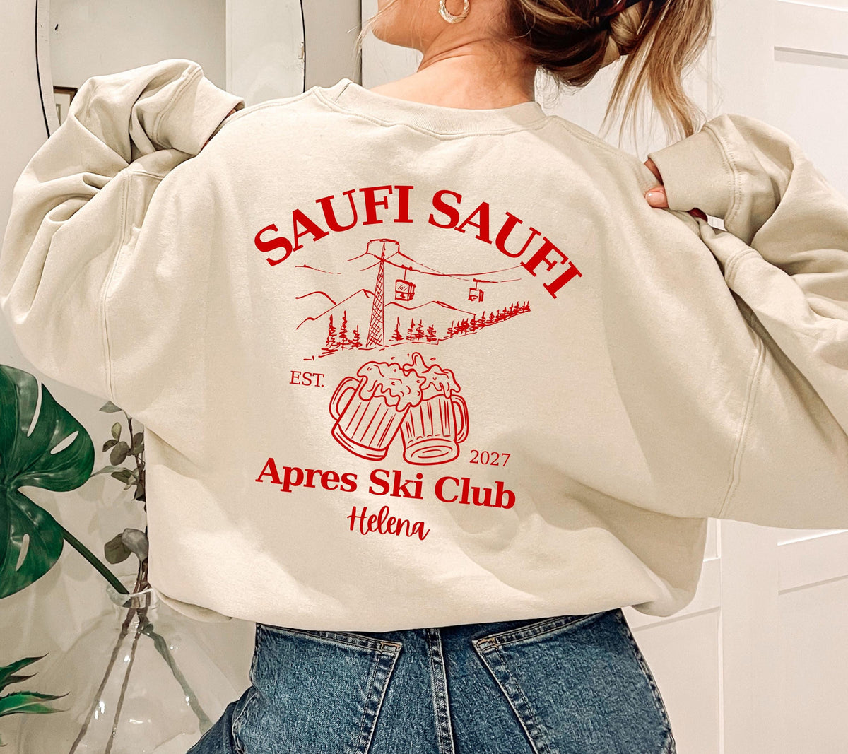 Apres Ski Pullover personalisiert mit Namen & Jahr | Saufi Saufi Apres Ski Club | Bier Motiv | Skiurlaub Geschenk Gruppe | Après Ski Outfit