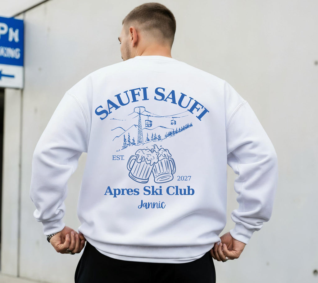 Apres Ski Pullover personalisiert | Saufi Saufi Après Ski Club mit Name & Jahr | Skiurlaub Outfit | Bier Pullover | Gruppen Geschenk