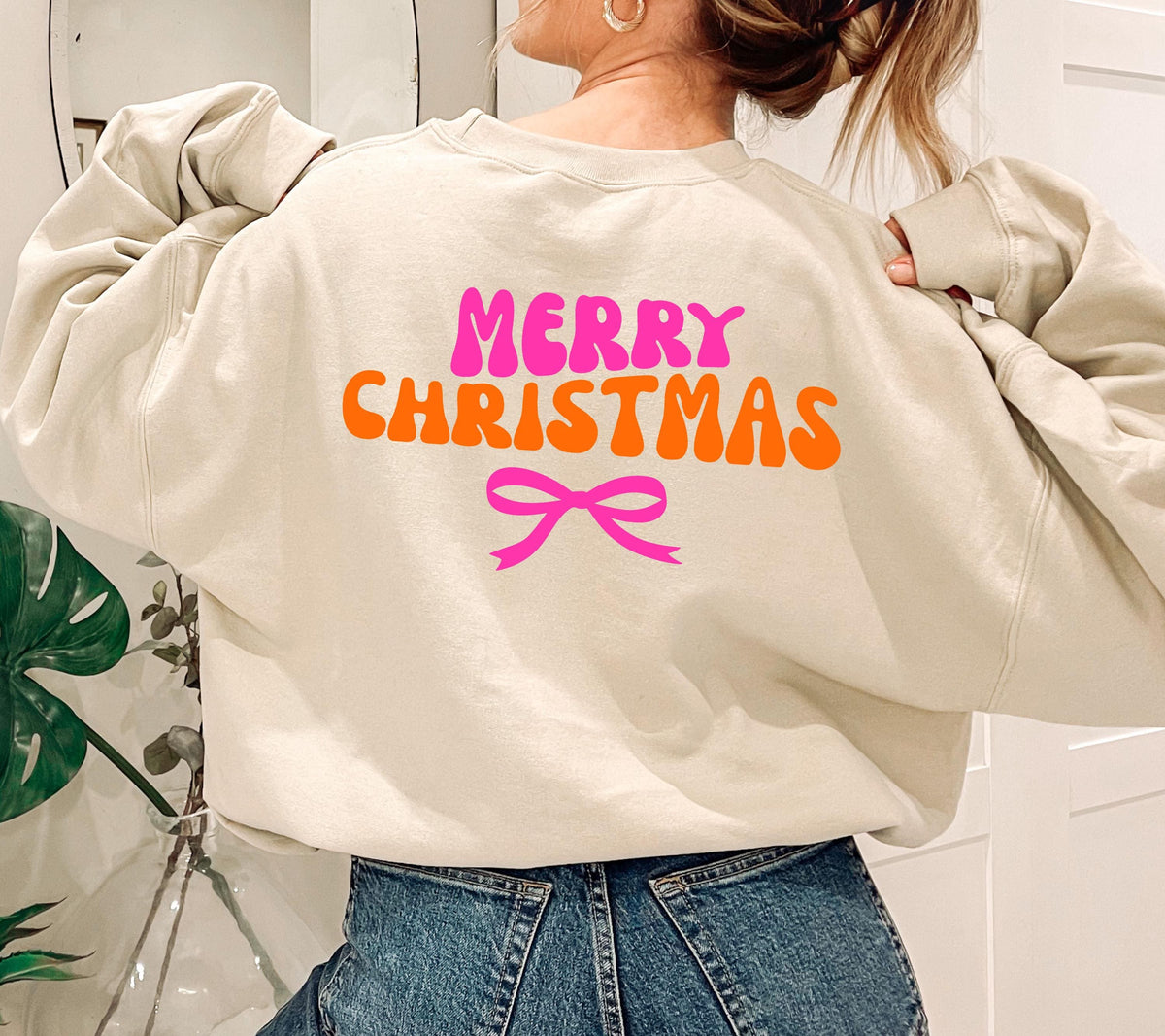 Weihnachtspullover Damen Merry Christmas, Pink Orange Xmas Sweater, Weihnachtspulli Frauen, Geschenk Weihnachten Mama Freundin